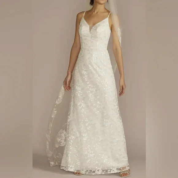 Sequin Soft White A-line Wedding Dress - Picture 1 of 5